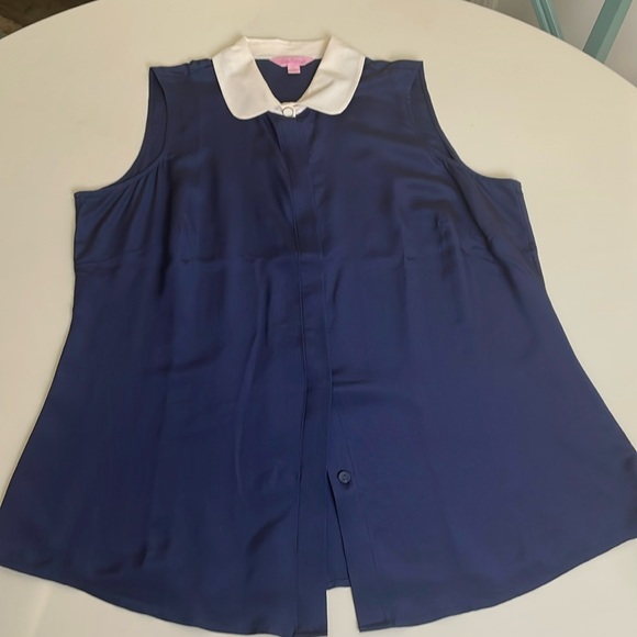 Lilly Pulitzer Silk Navy Blue Off-White Collar Sleeveless top- Large - Picture 5 of 12